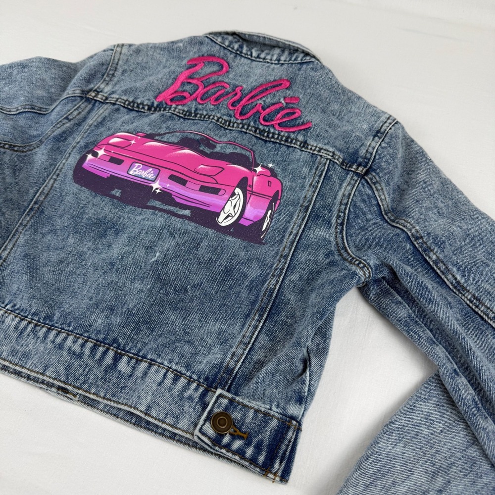 Barbie Denim Jacket Women S Blue Acid Wash Pink Car Graphic Embroidered Casual‎